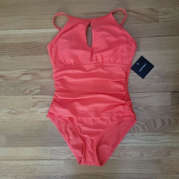 Ellen Tracy Women High Neck Over the Shoulder One Piece keyhole Swimsuit Sx 8 - Picture 10 of 13